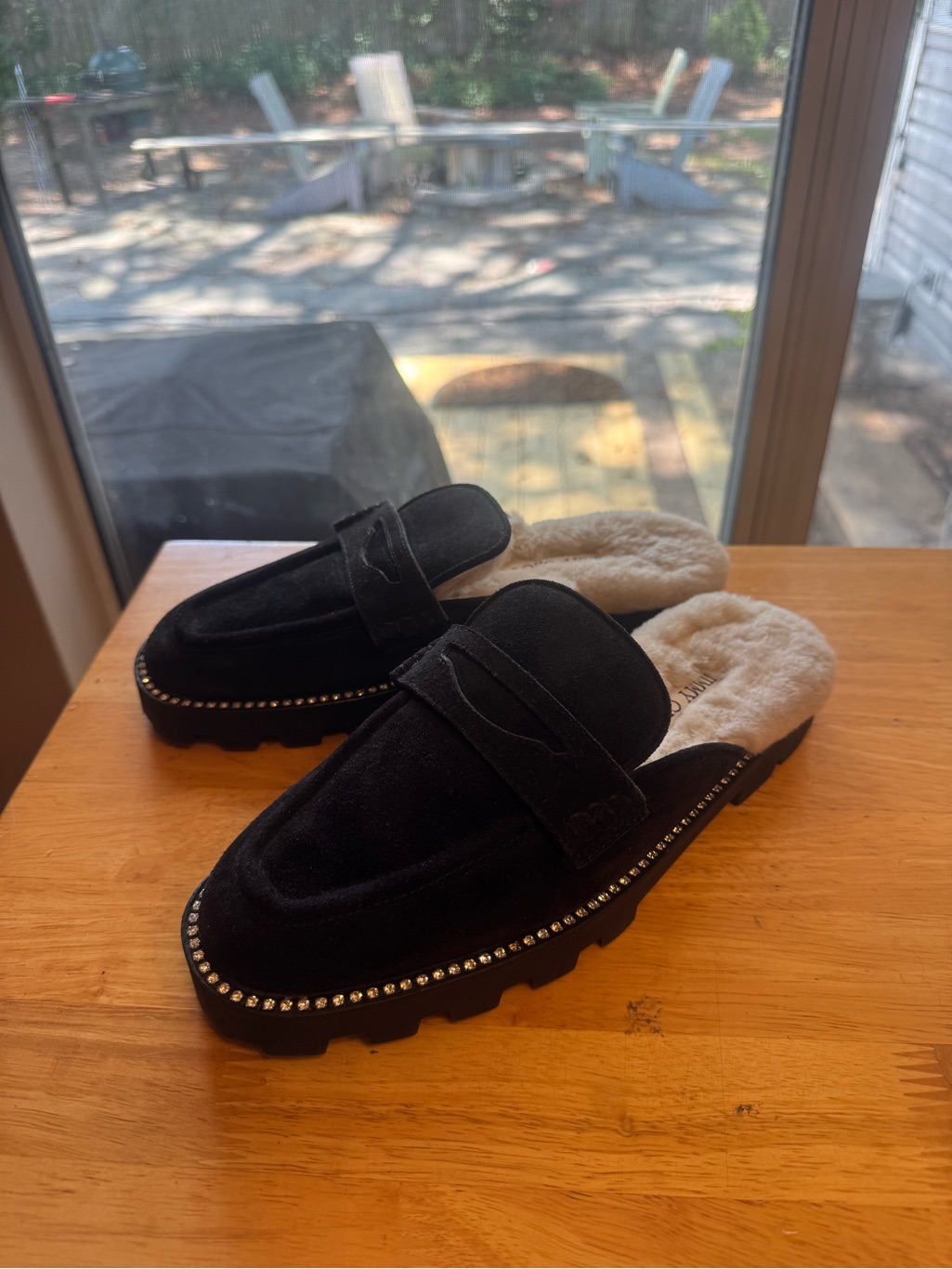 Jimmy Choo Black Suede Fur-Lined Loafer Mules With Crystal Trim